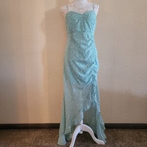 Women's Floral Print Chiffon Green Maxi Dress Sz L